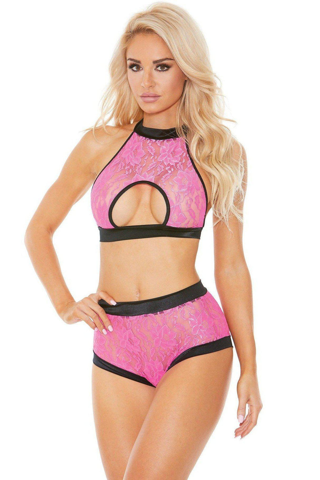 Hibiscus Lace Halter Set-Dancewear Sets-Bodyshotz-Fuchsia-SEXYSHOES.COM