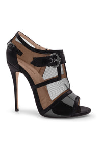 Sexyshoes Signature Mesh Open Toe Stiletto Bootie with Buckle in Black Patent from SexyShoes.com