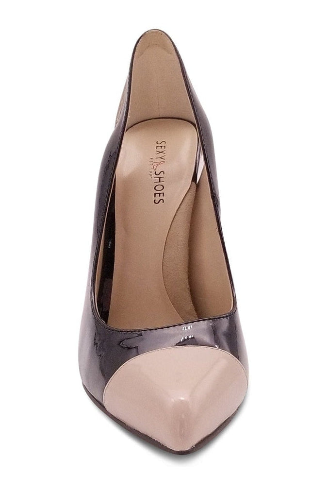 Sexyshoes Signature Cut Out Designed Pointed Toe Spectator Pump in Black Patent