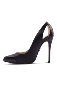 Sexyshoes Signature Cut Out Designed Pointed Toe Spectator Pump in Black Faux Leather