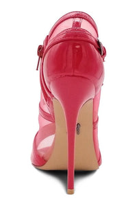 Sexyshoes Signature Mesh Open Toe Stiletto Bootie with Buckle in Red Patent