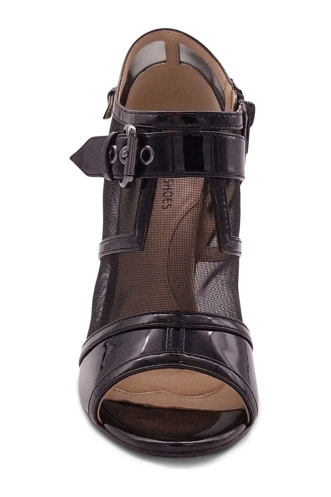Sexyshoes Signature Mesh Open Toe Stiletto Bootie with Buckle in Black Patent