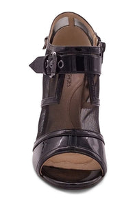 Sexyshoes Signature Mesh Open Toe Stiletto Bootie with Buckle in Black Patent