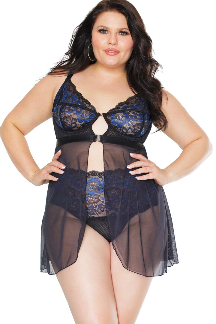 Babydoll & Thong Set | Plus Size-Babydolls-Coquette-Black-1/2XL-SEXYSHOES.COM