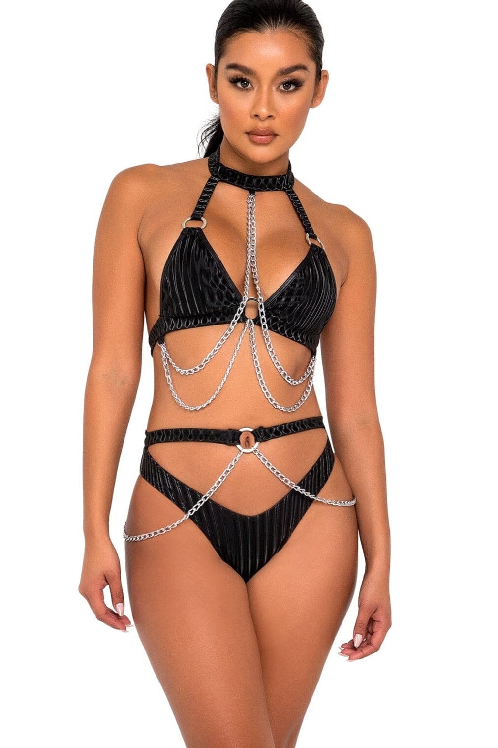Bikini Top with Ring & Chain Detail-Halter Tops-Roma Dancewear-Black-L-SEXYSHOES.COM