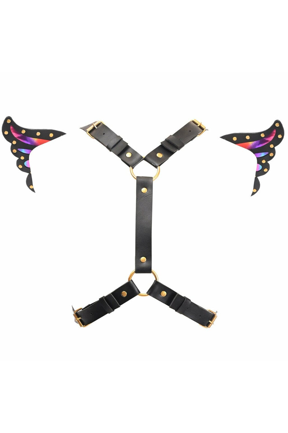 Black Faux Leather & Rainbow Holo Butterfly Wing Harness-Wings + Harness-Daisy Corsets-SEXYSHOES.COM