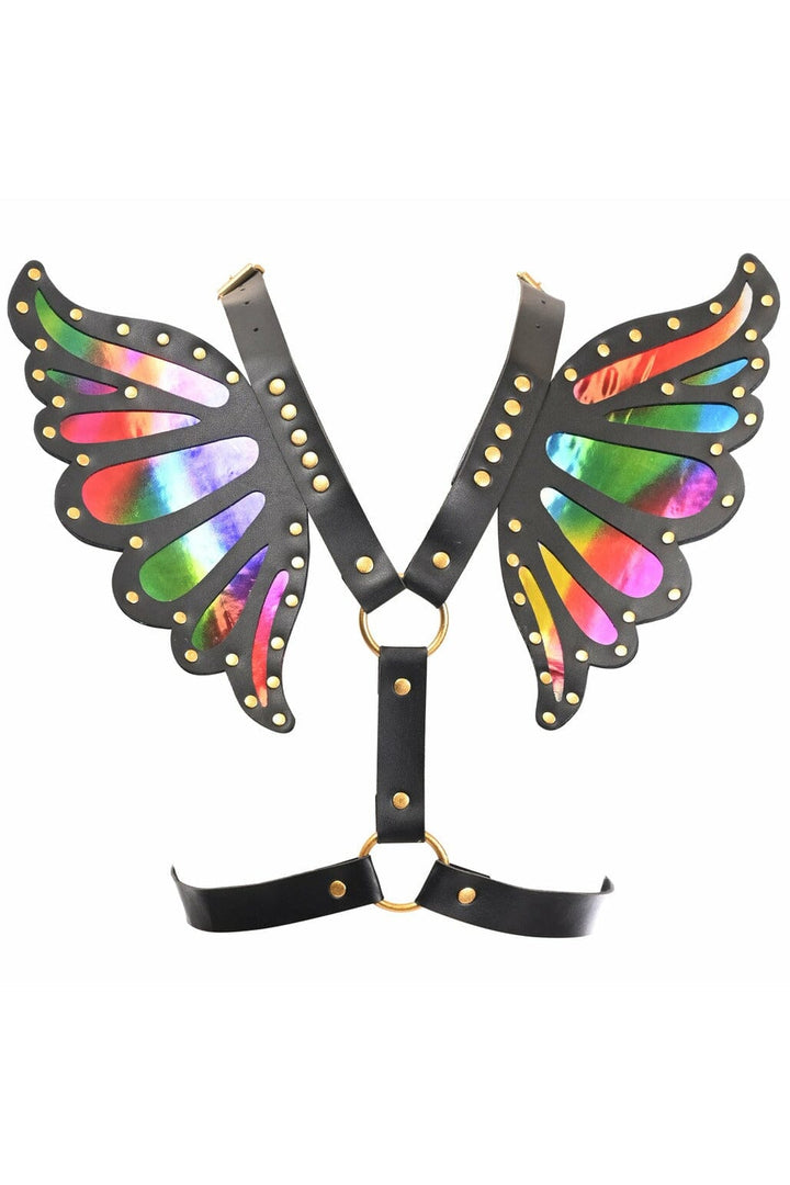 Black Faux Leather & Rainbow Holo Butterfly Wing Harness-Wings + Harness-Daisy Corsets-SEXYSHOES.COM