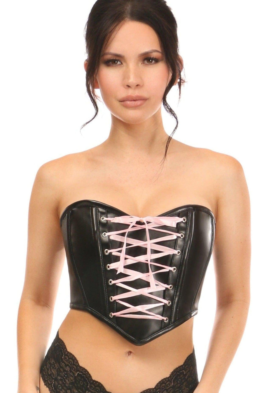 Black Faux Leather w/Pink Lace-Up Bustier-Devil Costumes-Daisy Corsets-Black-2X-SEXYSHOES.COM