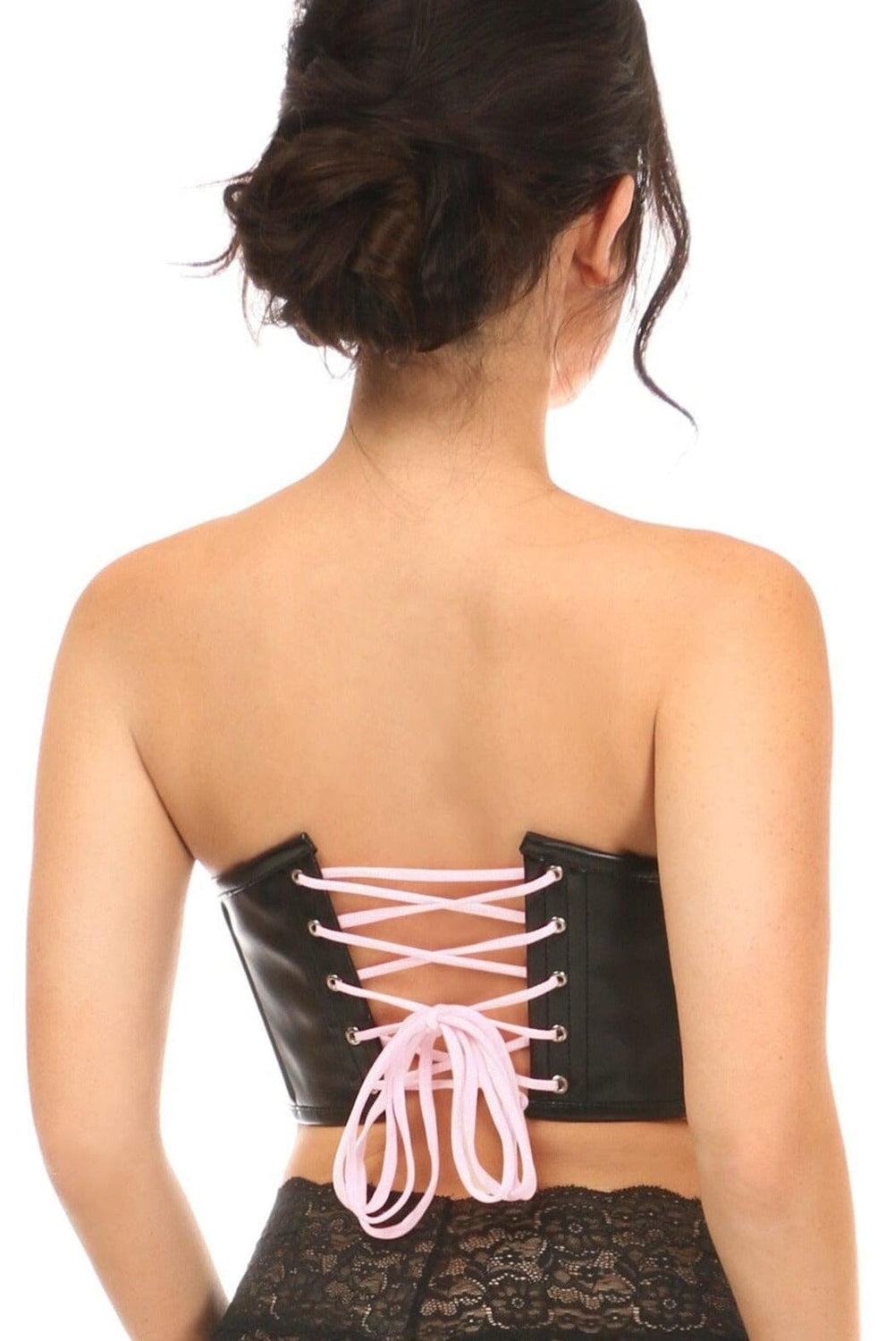 Daisy Corsets Black Faux Leather w/Pink Lace Up Bustier in Black 