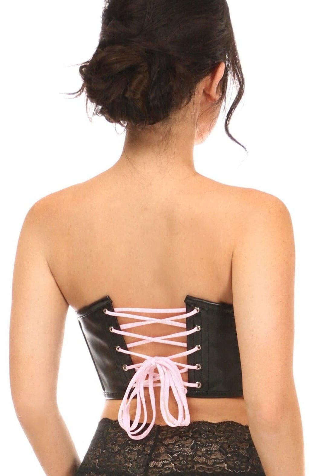 Black Faux Leather w/Pink Lace-Up Bustier-Devil Costumes-Daisy Corsets-SEXYSHOES.COM