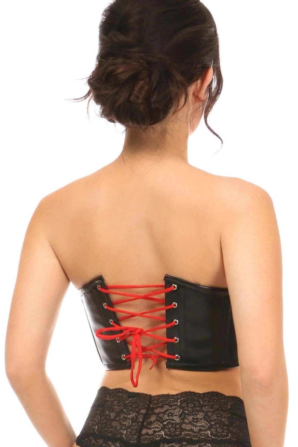 Black Faux Leather w/Red Lace-Up Bustier-Devil Costumes-Daisy Corsets-SEXYSHOES.COM