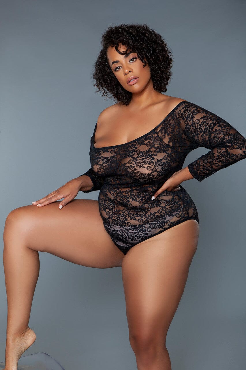 Black Scooped Neck Long Sleeves Bodysuit | Plus Size-Bodysuits-BeWicked-Black-1X-SEXYSHOES.COM