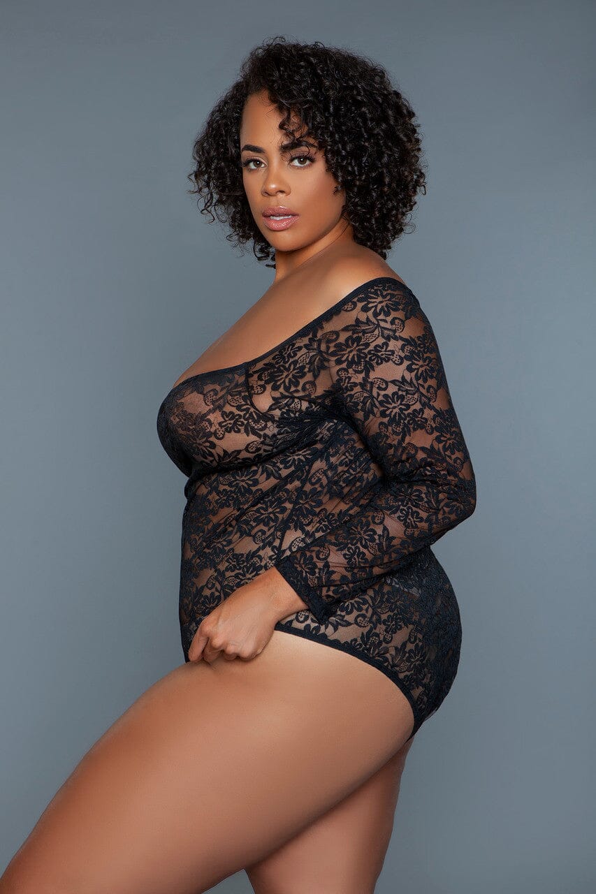 Black Scooped Neck Long Sleeves Bodysuit | Plus Size-Bodysuits-BeWicked-SEXYSHOES.COM