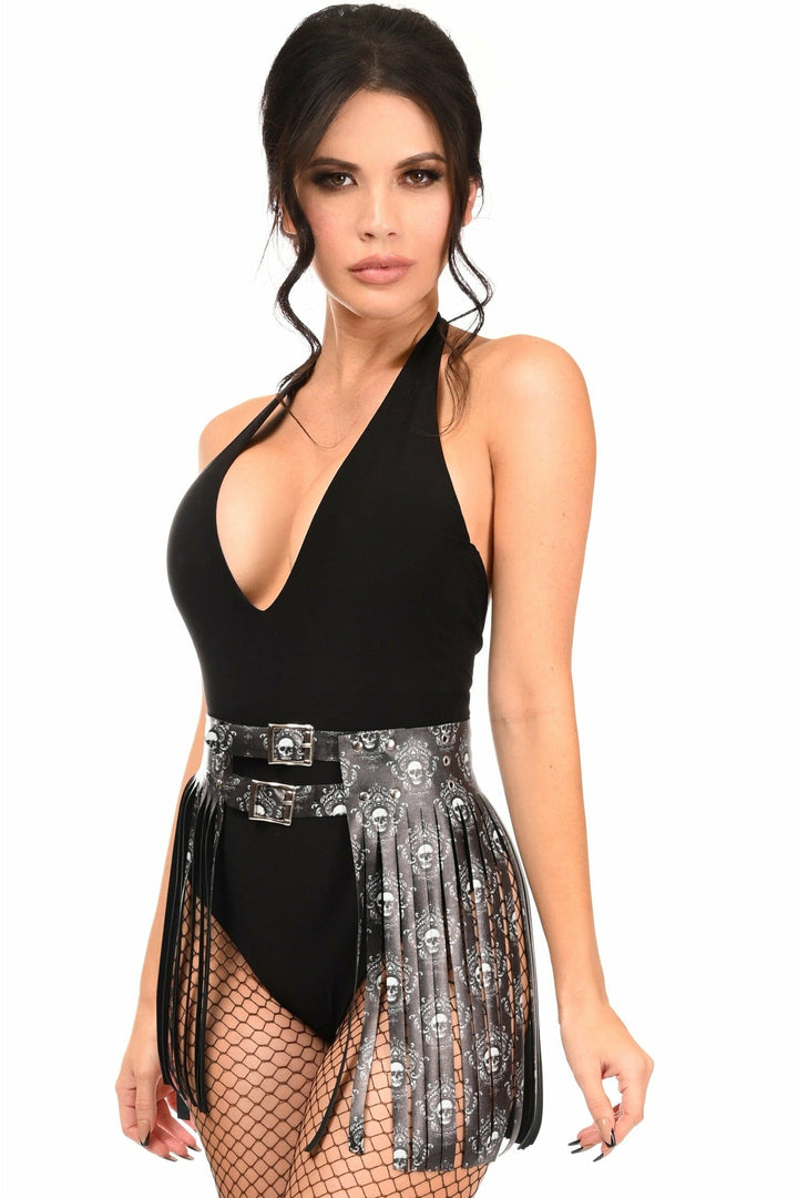 Black & White Skull Faux Leather Fringe Skirt-Fringe Skirts-Daisy Corsets-Black-S-SEXYSHOES.COM