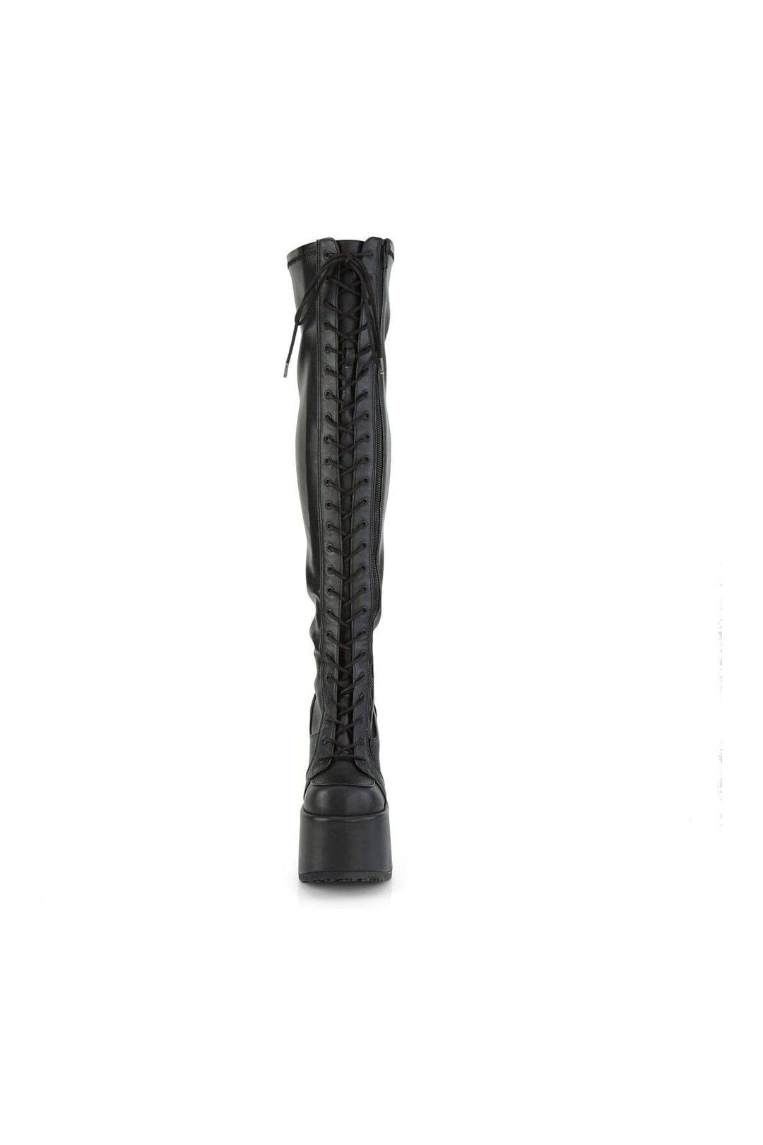 Demonia CAMEL-300 Black Vegan Leather Thigh Boot in Black Vegan Leather