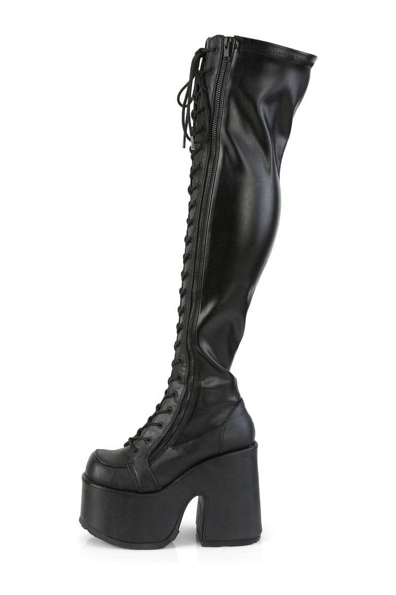 Demonia CAMEL-300 Black Vegan Leather Thigh Boot in Black Vegan Leather