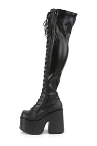 Demonia CAMEL-300 Black Vegan Leather Thigh Boot in Black Vegan Leather