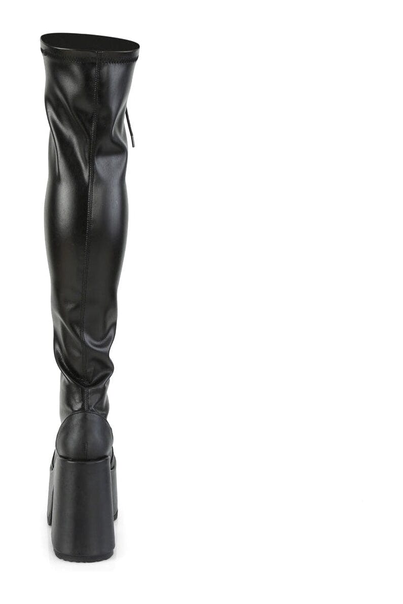 Demonia CAMEL-300 Black Vegan Leather Thigh Boot in Black Vegan Leather