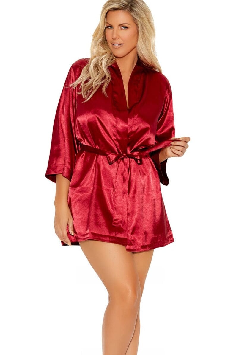 Charmeuse Kimono 3/4 Sleeves Robe With Belt-Gowns + Robes-Elegant Moments-Burgundy-1X-SEXYSHOES.COM