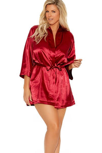 Elegant Moments Charmeuse Kimono 3/4 Sleeves Robe With Belt in Burgundy  from SexyShoes.com