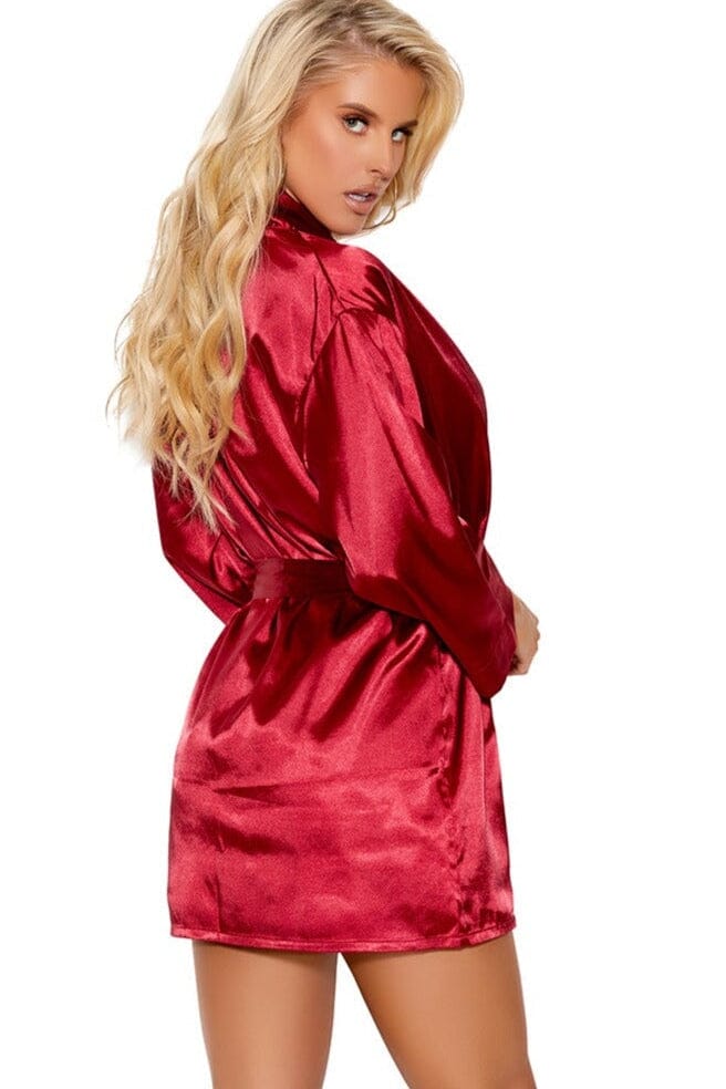 Elegant Moments Charmeuse Kimono 3/4 Sleeves Robe With Belt in Burgundy  from SexyShoes.com