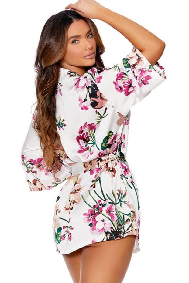 Elegant Moments Charmeuse Kimono 3/4 Sleeves Robe With Belt in White 