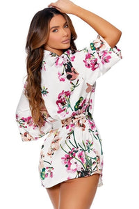 Elegant Moments Charmeuse Kimono 3/4 Sleeves Robe With Belt in White 