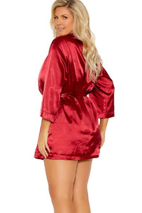 Elegant Moments Charmeuse Kimono 3/4 Sleeves Robe With Belt in Burgundy 