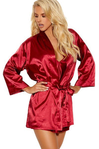 Elegant Moments Charmeuse Kimono 3/4 Sleeves Robe With Belt in Burgundy 