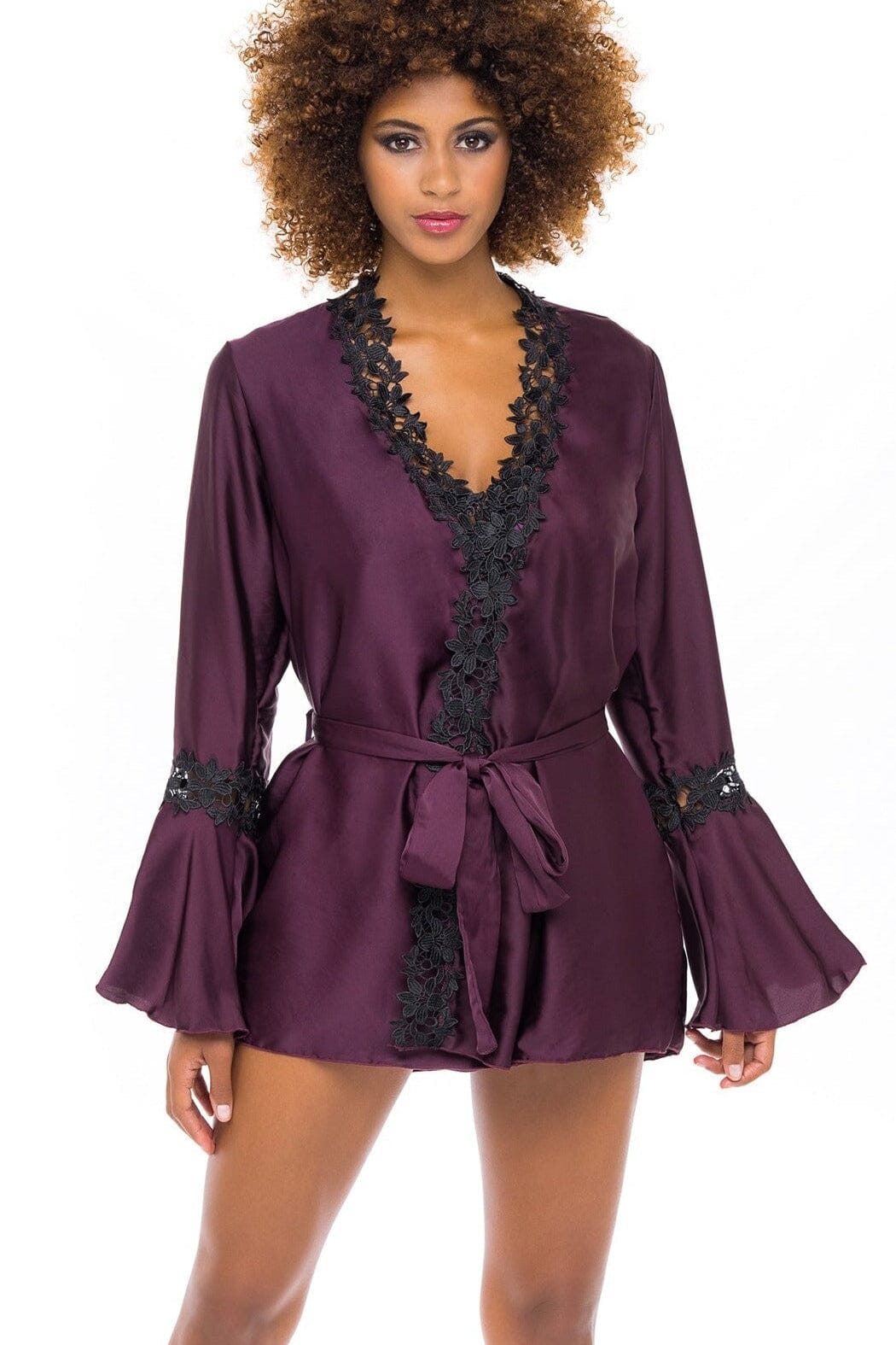 Charmeuse Robe With Bell Sleeves-Gowns + Robes-Oh La La Cheri-Purple-S/M-SEXYSHOES.COM