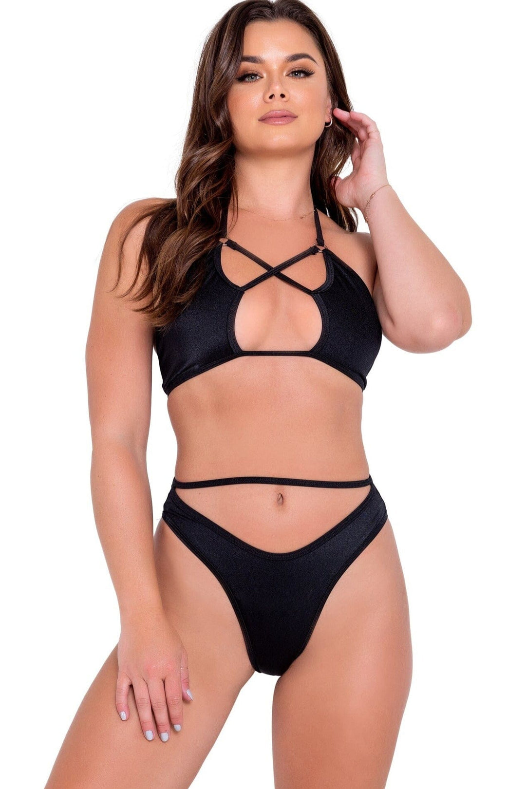 Criss-Cross Bikini Top-Halter Tops-Roma Dancewear-Black-L-SEXYSHOES.COM