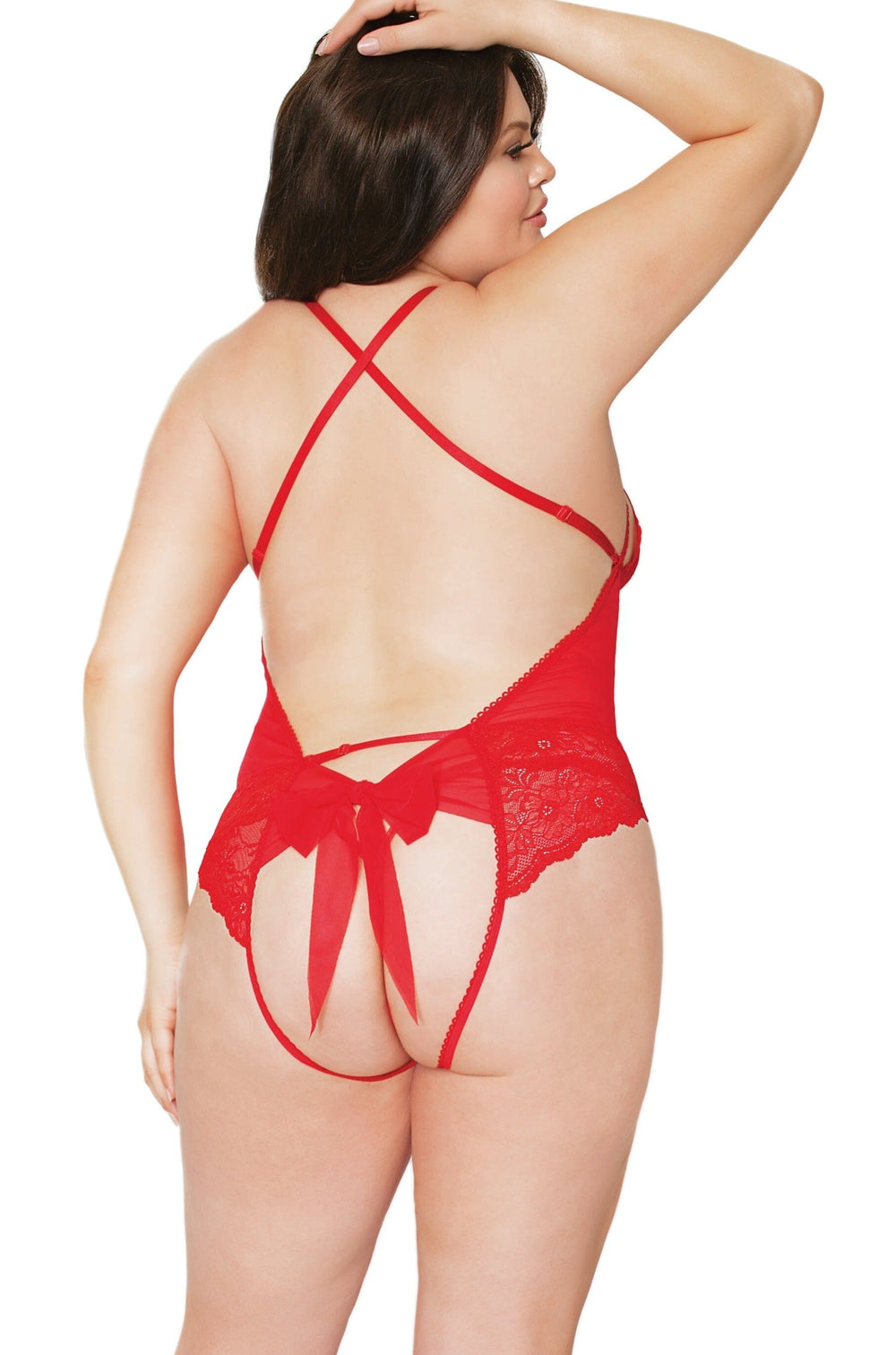 Crotchless Teddy With Bow Detail | Plus Size-Teddies-Coquette-Red-Q-SEXYSHOES.COM