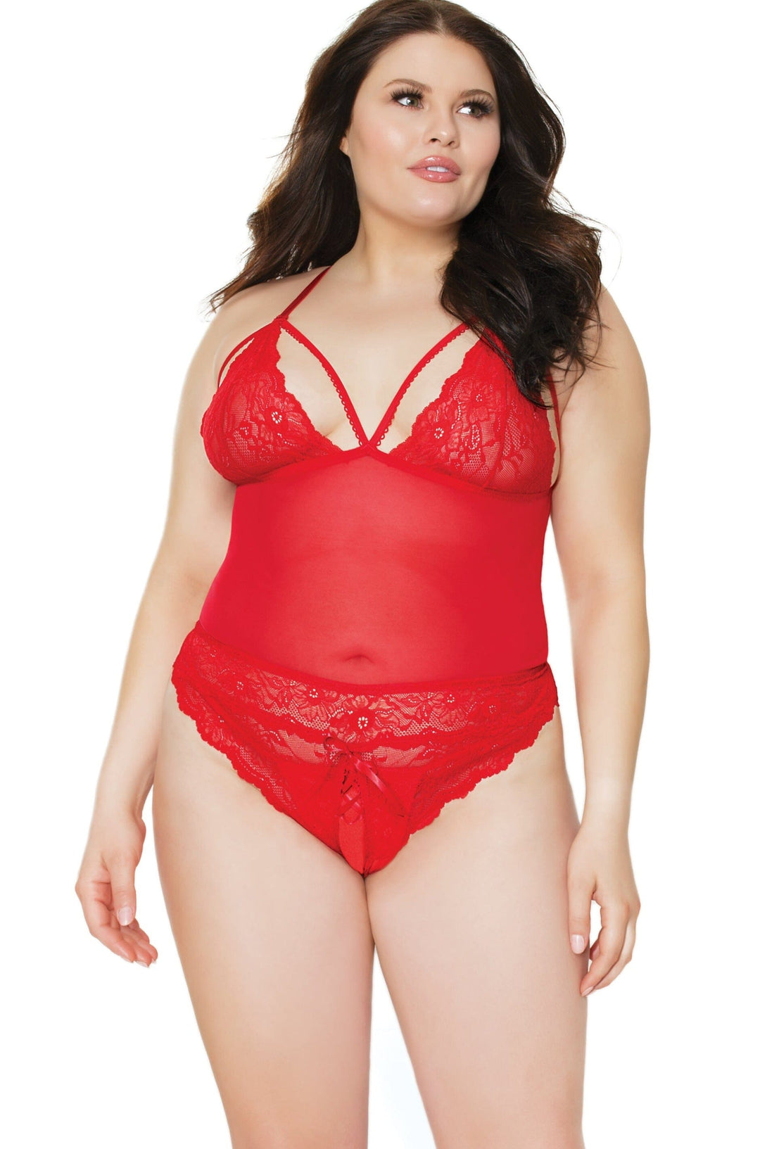 Crotchless Teddy With Bow Detail | Plus Size-Teddies-Coquette-Red-Q-SEXYSHOES.COM