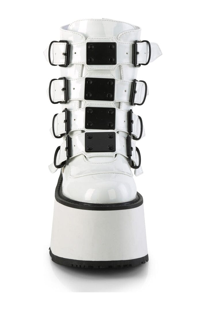 Demonia DAMNED-105 White Hologram Patent Ankle Boot in White Hologram Patent