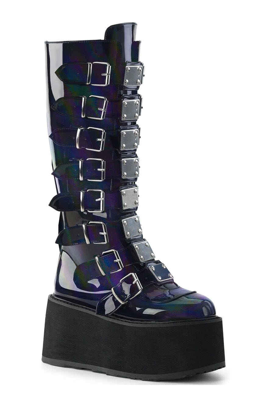 Demonia DAMNED-318 Black Hologram Patent Knee Boot in Black Hologram Patent from SexyShoes.com