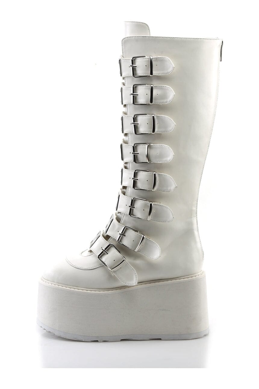 Demonia DAMNED-318 White Vegan Leather Knee Boot in White Vegan Leather