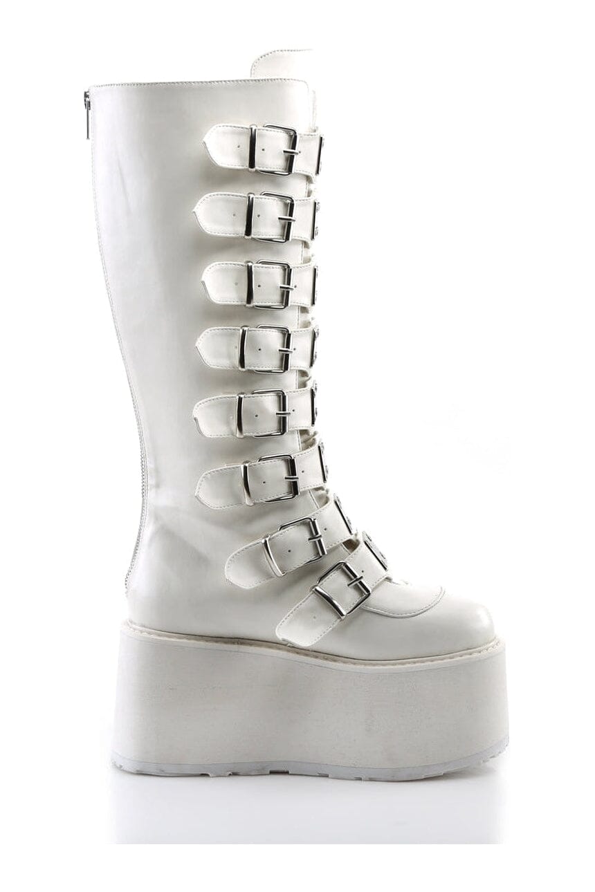 Demonia DAMNED-318 White Vegan Leather Knee Boot in White Vegan Leather