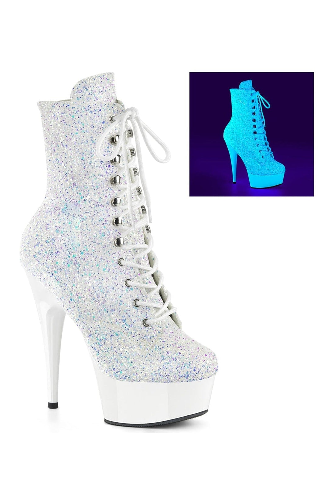 Pleaser DELIGHT-1020LG White Glitter Ankle Boot in White Glitter from SexyShoes.com