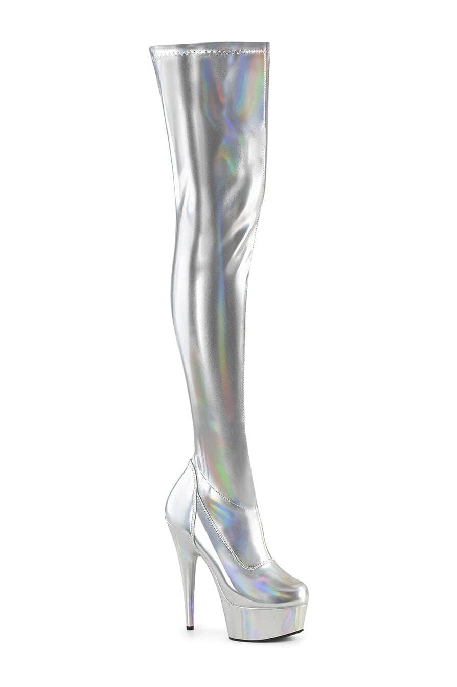 Pleaser DELIGHT-3000HWR Silver Patent Thigh Boot in Silver Patent from SexyShoes.com