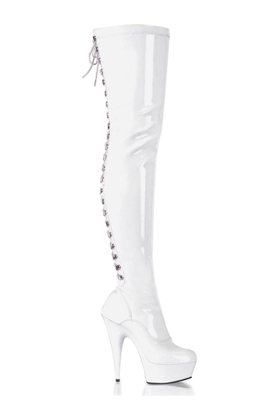 Pleaser DELIGHT-3063 White Patent Thigh Boot in White Patent from SexyShoes.com