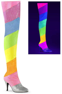 Pleaser Pink Label DREAM-3012RBG Thigh Boots in Rainbow Faux Leather from SexyShoes.com