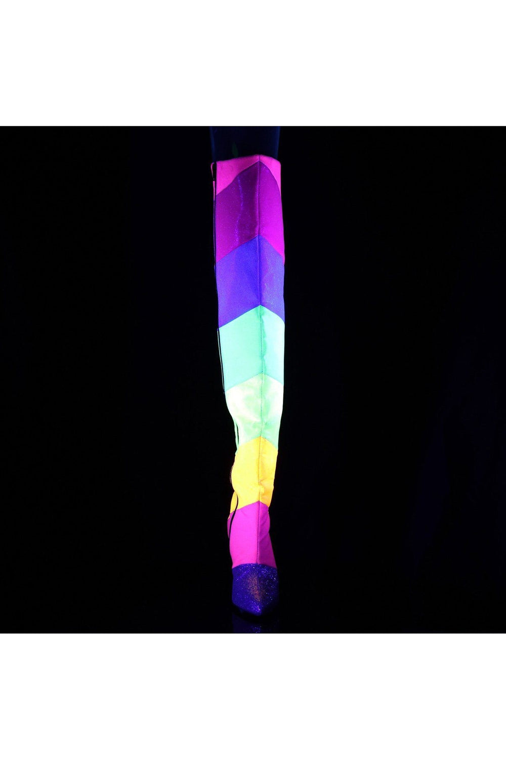 Pleaser Pink Label DREAM-3012RBG Thigh Boots in Rainbow Faux Leather