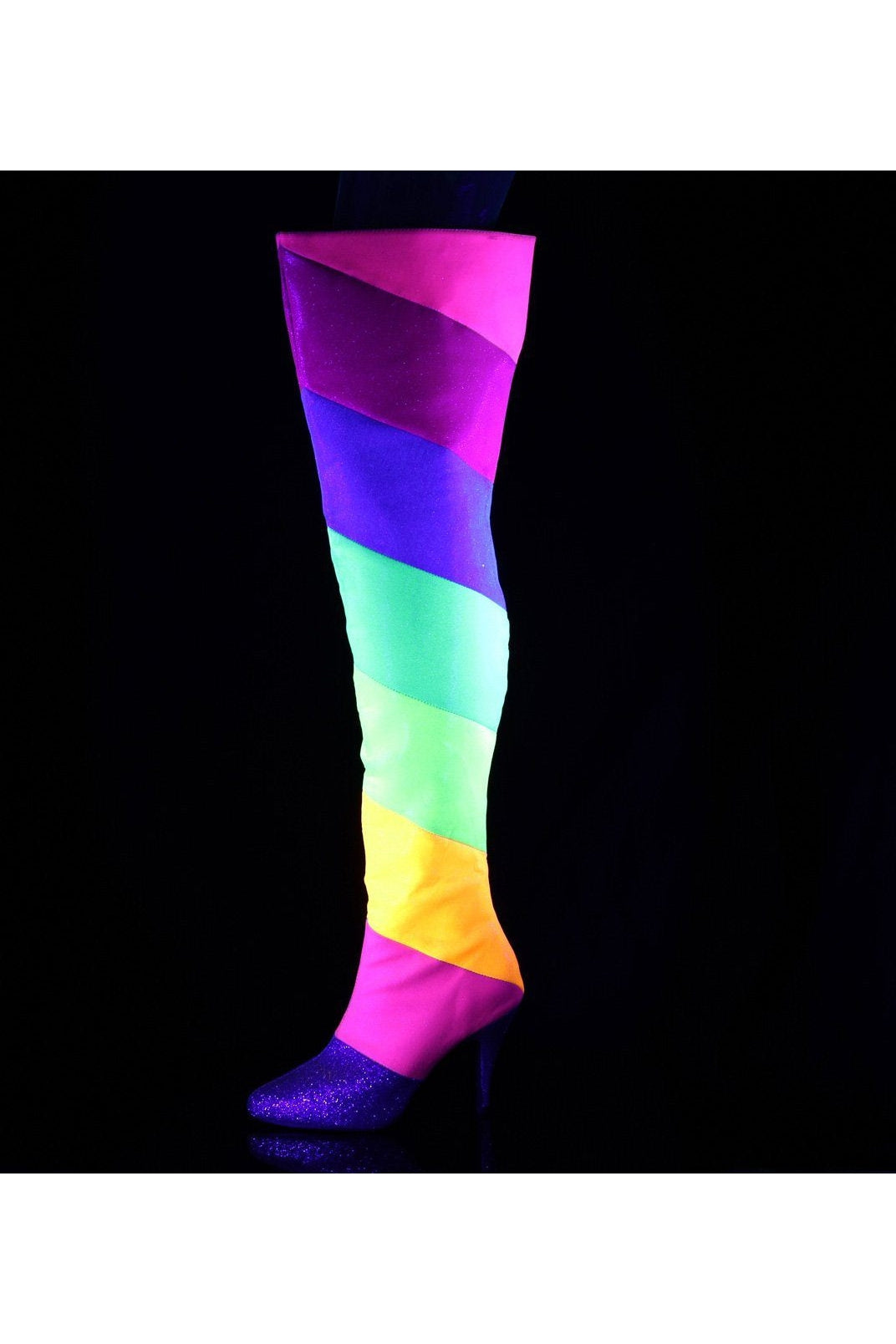 Pleaser Pink Label DREAM-3012RBG Thigh Boots in Rainbow Faux Leather
