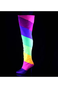 Pleaser Pink Label DREAM-3012RBG Thigh Boots in Rainbow Faux Leather