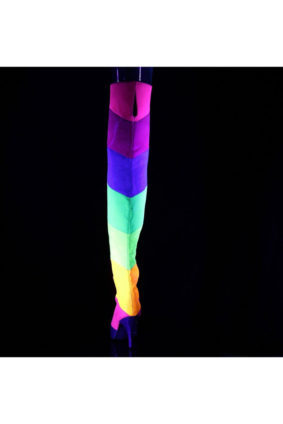 Pleaser Pink Label DREAM-3012RBG Thigh Boots in Rainbow Faux Leather