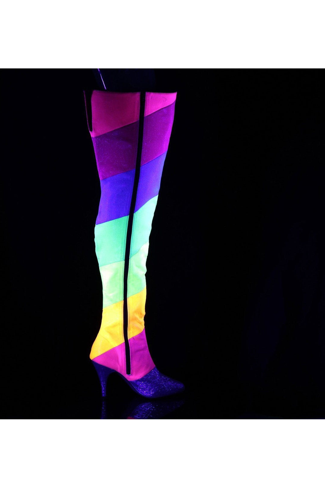 Pleaser Pink Label DREAM-3012RBG Thigh Boots in Rainbow Faux Leather