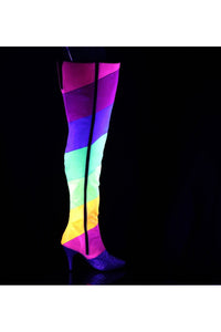 Pleaser Pink Label DREAM-3012RBG Thigh Boots in Rainbow Faux Leather