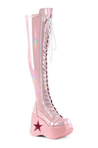 Demonia DYNAMITE-300 Pink Hologram Patent Thigh Boot in Pink Hologram Patent from SexyShoes.com