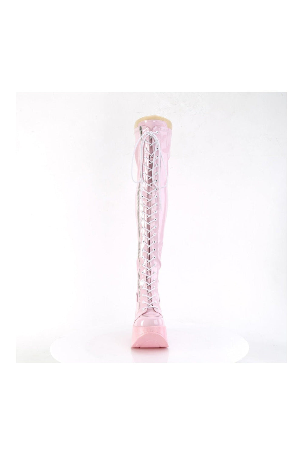 Demonia DYNAMITE-300 Pink Hologram Patent Thigh Boot in Pink Hologram Patent