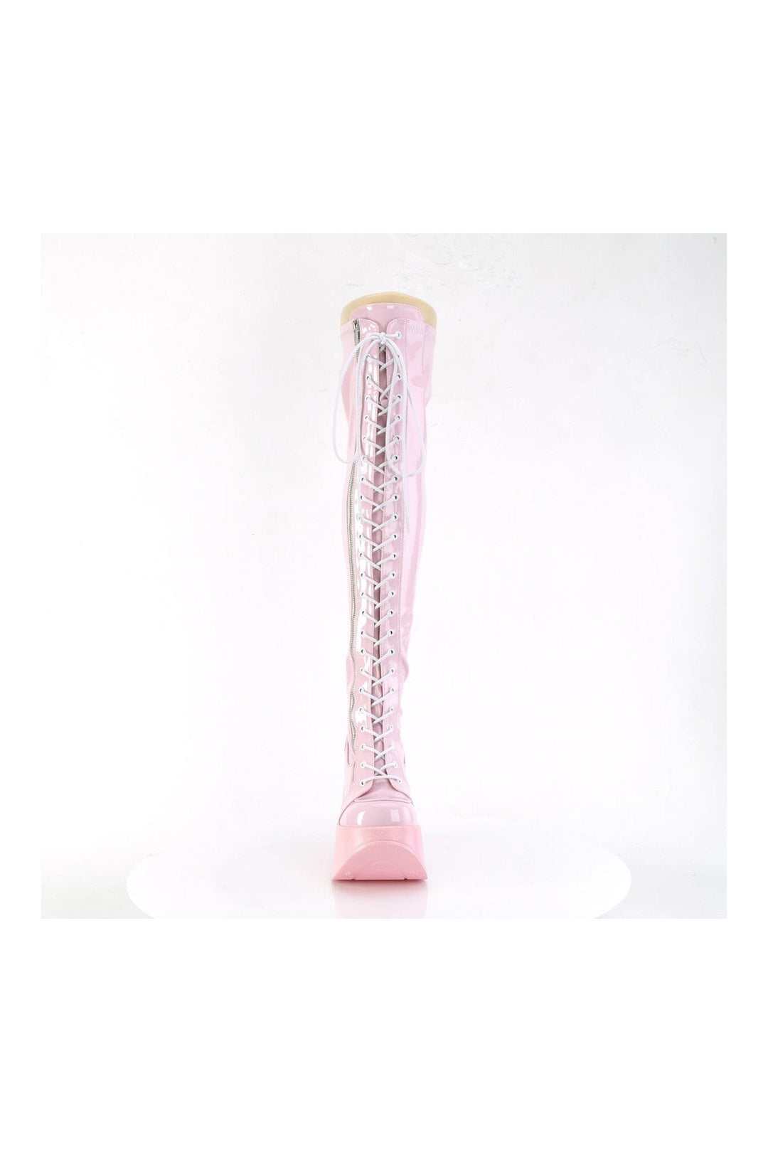 Demonia DYNAMITE-300 Pink Hologram Patent Thigh Boot in Pink Hologram Patent